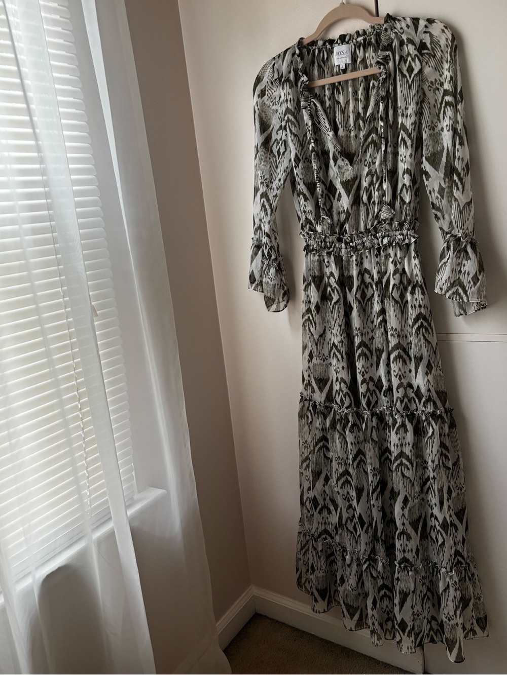MISA Lucinda Dress Small Olive Green Maxi Dress Long Sleeve Wedding Guest Boho - Picture 2 of 6